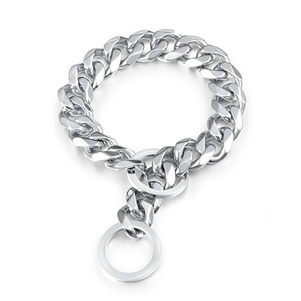 Dog Chain Collar Silvery Golden 15MM Width Cuban Link Chain for Dogs Strong Smooth Stainless Steel Metal Pet Training Slip Chain