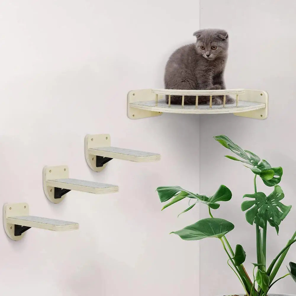 4 Pieces Wall Mounted Cat Climbing Shelves Set Wooden Platform Corner of Wall with Cat Small Jumping Platform Kitty Playing