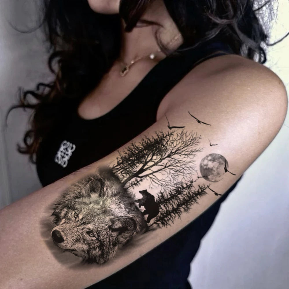 Waterproof Temporary Tattoo Sticker Realistic Animal Forest Wolf Bear Bird Moon Body Art Arm Fake Tattoos Sleeve Women Men Leg