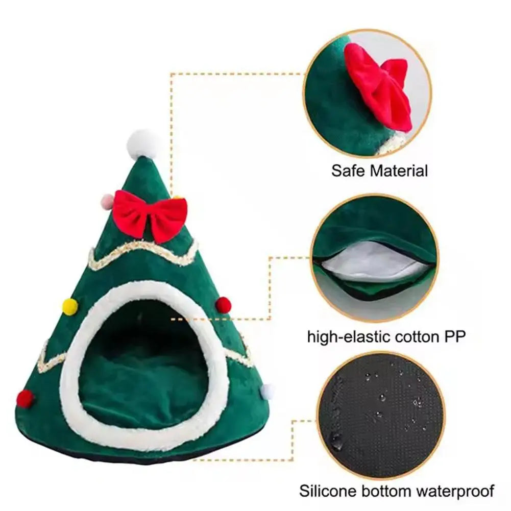 Christmas Hat Shape Creative Pet Bed Soft Plush Winter Semi-enclosed Cute Cat And Dog Bed Warm Comfortable 45cm Mini Bed Tent