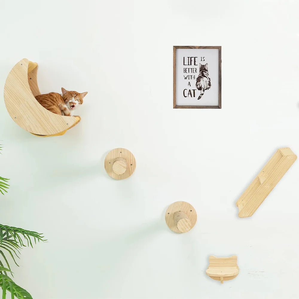Cat Climbing Shelves Wall Mounted Platform and Hammock with Scratching Post Cat Pet Wooden Furniture for Sleeping and Playing