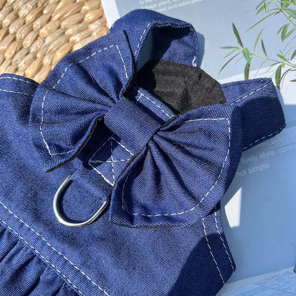 Pet Denim Clothes For Cat Dog Spring Summer Cat Dress Harness Kitten Jeans Shirt Cat Bowtie Skirt Dress Vest Harness with D-Ring
