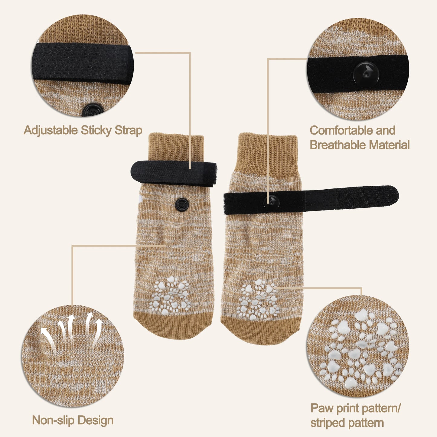 4pcs Anti-Slip Dog Socks with Adjustable Sticky Tapes Pet Socks for Puppy Dog Paw Protector Indoor Wear Dog Socks