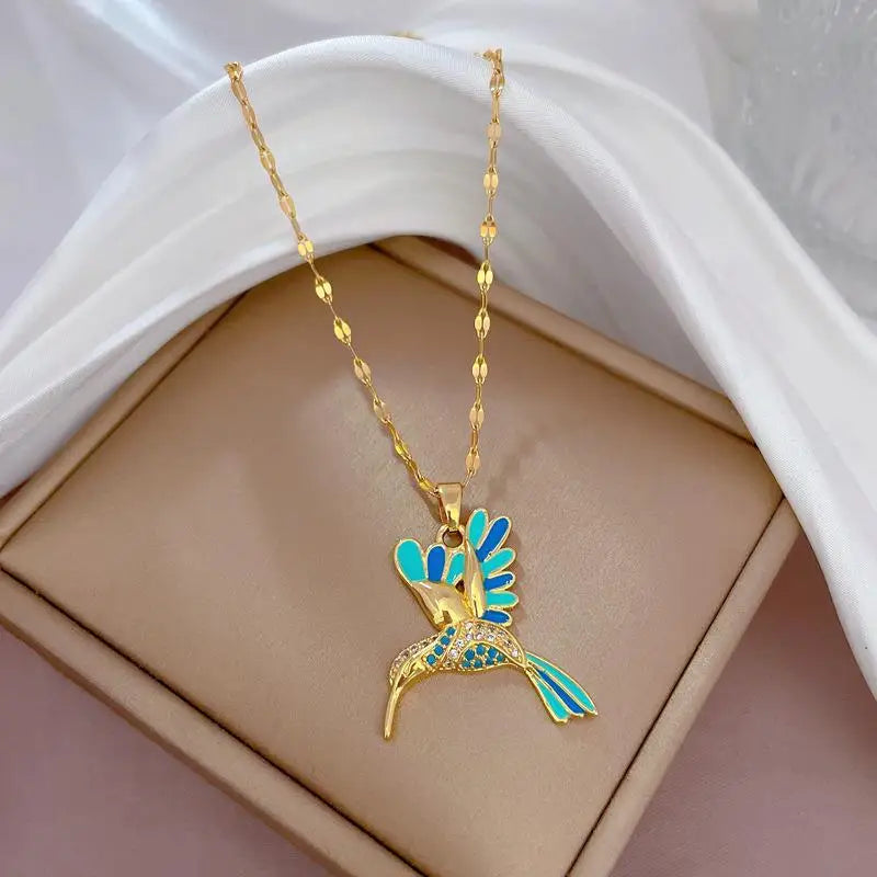 Stainless Steel Colorful Hummingbird Pendant Necklace For Women Girls Shiny Zircon Birds Clavicle Chain Choker Aesthetic Jewelry