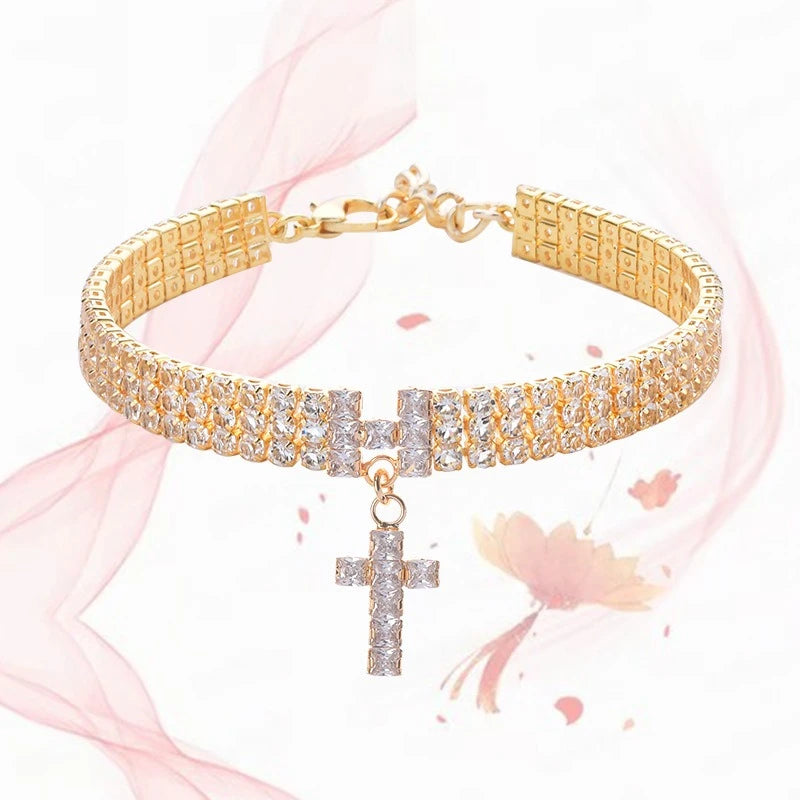 AAA Zircon Cross Cat Accessories Pet Necklace Adjustable Rose Gold Collar for Small Medium Puppy All Season Birthday Neck Gear