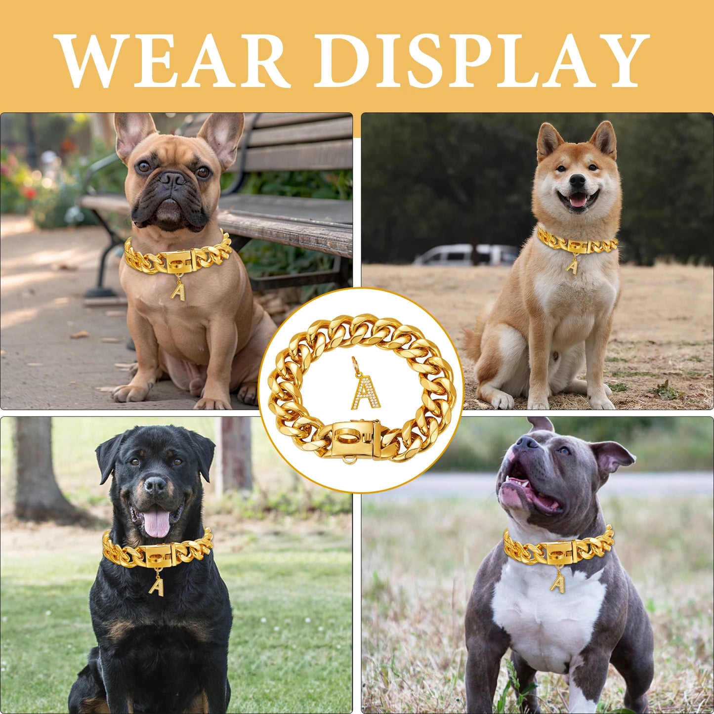 Gold Dog Chain Collar with Pendant A 15/19mm Wide Cuban Link Strong Stainless Steel Chew Proof Collar for Small Medium Large Dog