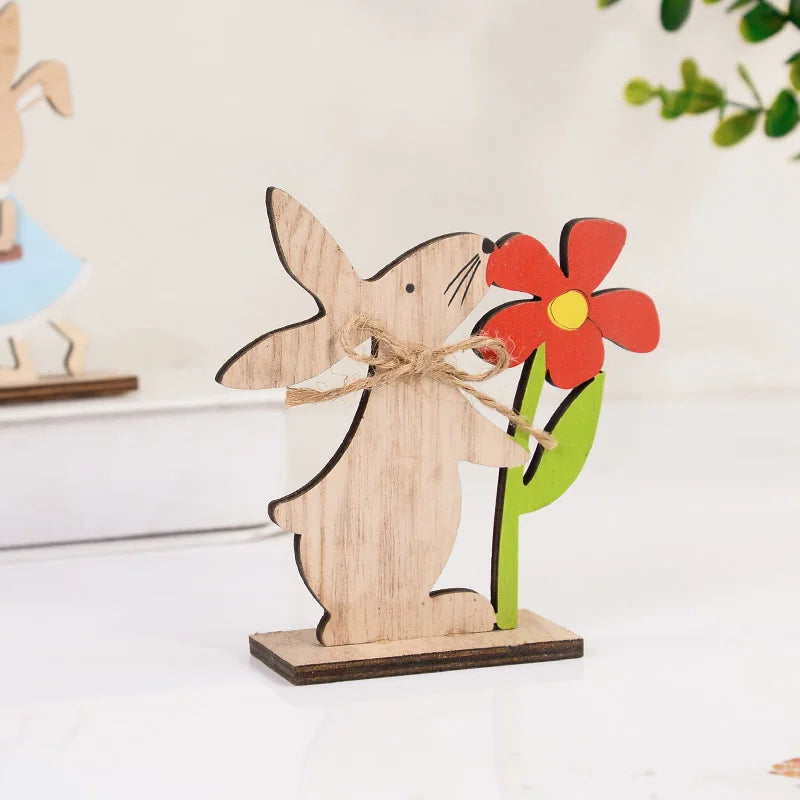 2025 Easter Wooden Rabbit Ornaments Standing Bunny with Flower for Spring Easter Party Home Table Decoration DIY Crafts Supplies