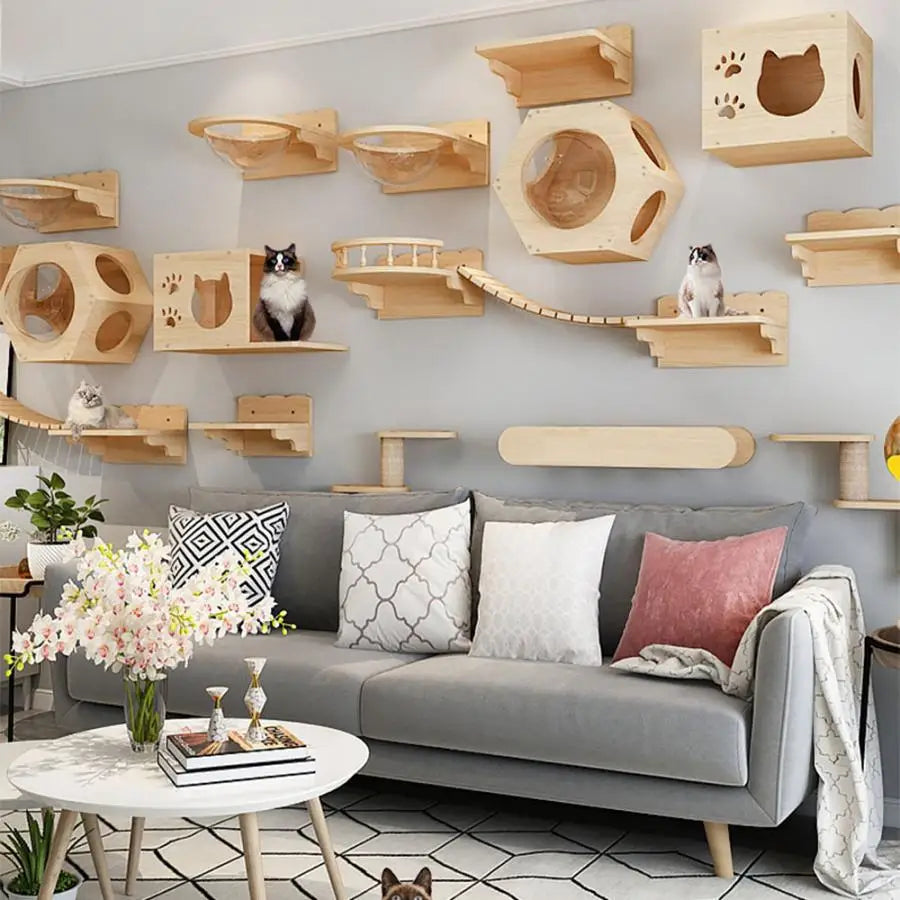 Cat Tree Wall Mounted Wooden Climbing Frame Cat House Cat Bridge Scratching Post and Ladder Wall Playground for Kitten Play Rest