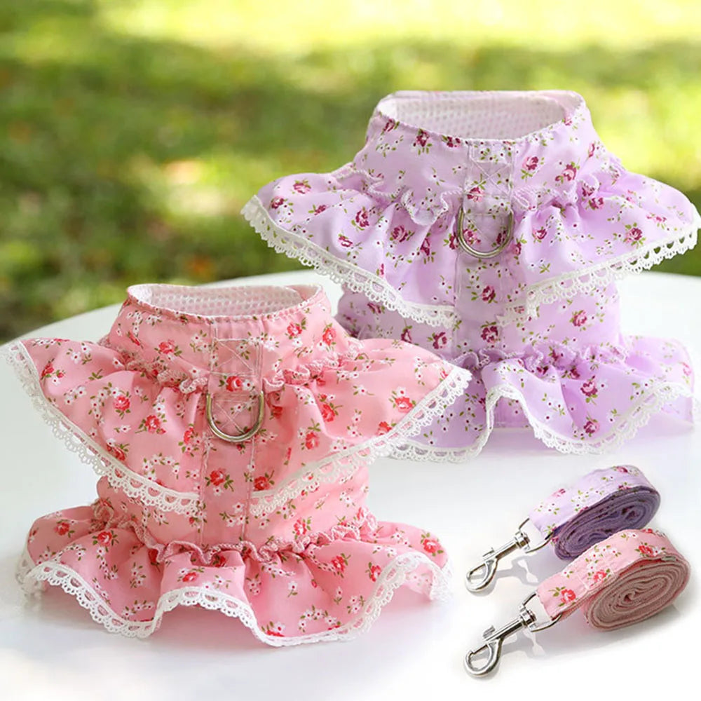 Pink Flower Puppy Harness Mesh Breathable Small Girl Dog Cat Vest Harness Cute Doggy Lace Dress Harness with Leash for Walking