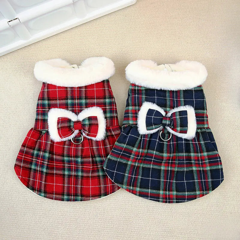 Christmas Plaid Clothes Thermal Fleece Lined Dog Winter Dress Coat with Luxury Faux Fur Collar for Small Dogs Puppy York Beagle
