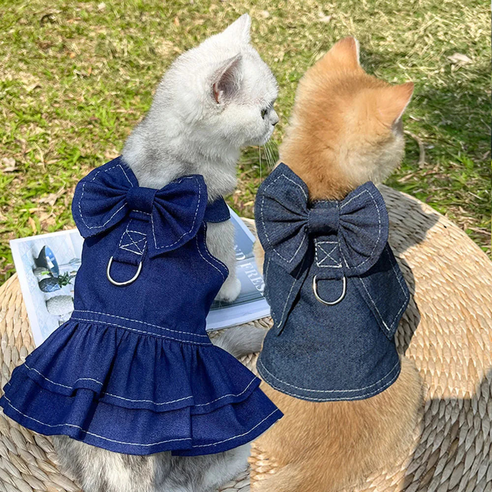 Pet Denim Clothes For Cat Dog Spring Summer Cat Dress Harness Kitten Jeans Shirt Cat Bowtie Skirt Dress Vest Harness with D-Ring