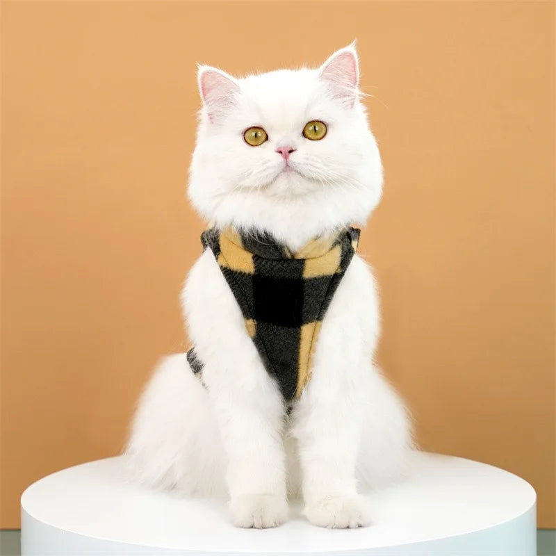 Spring Autumn Vintage Plaid Warm Fleece Pet Dog Cat Clothes Autumn Winter Thickened Vest Coat Small Medium Costume Traction Ring