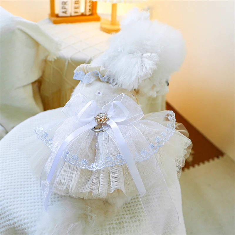 Sweet Princess Female Puppy Summer Clothes Wedding Party Dress for Dogs White Lace French Bulldog Small Medium Pet Cat Clothing