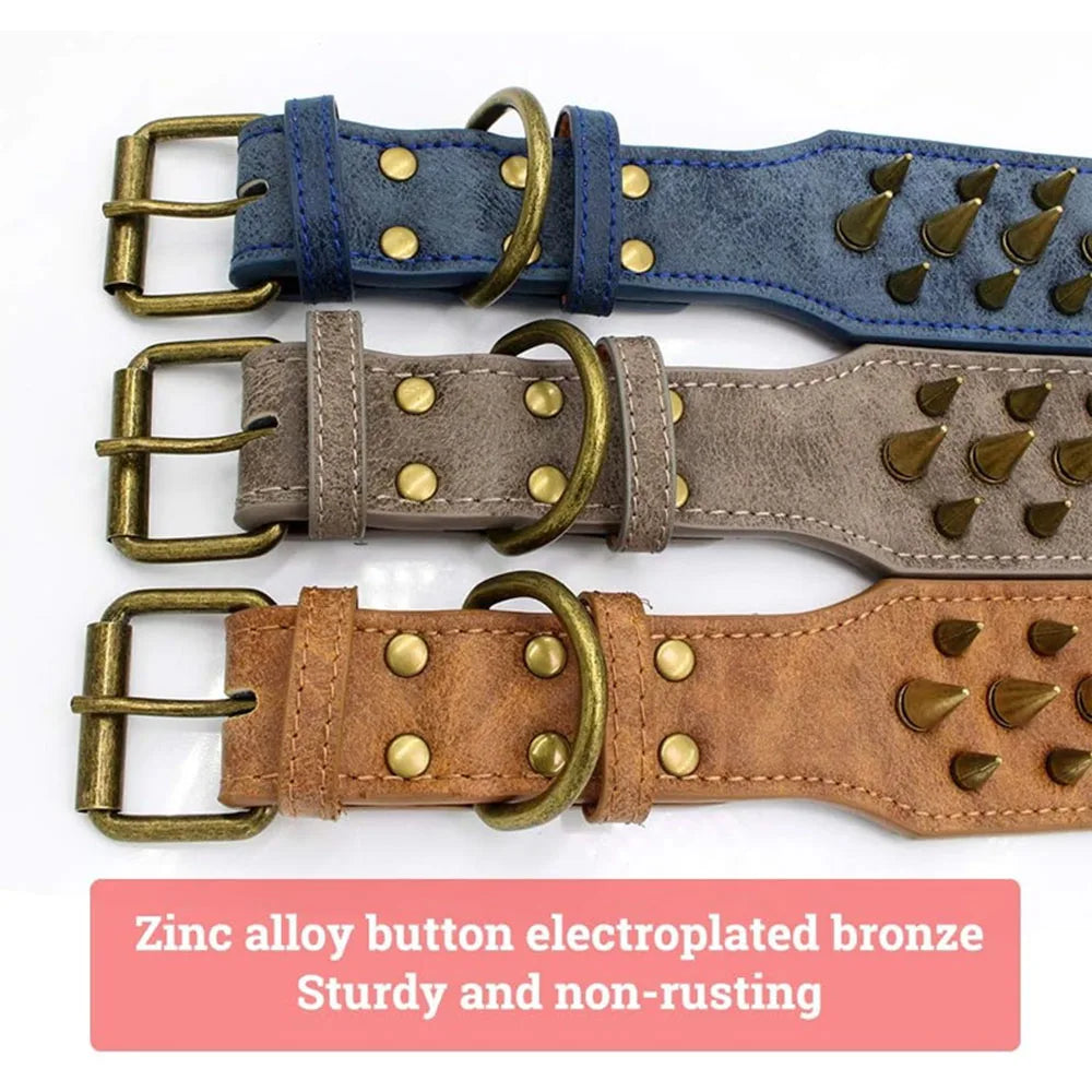 Spike Dog Collar with Big Sharp Spikes for Large Dogs Adjustable PU Leather Spiked Collar Luxury 2 Inch Wide Studded Dog Collars