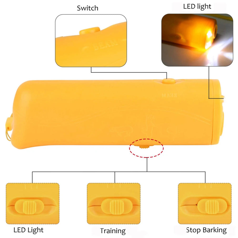 3 in 1 Dog Anti Barking Device Ultrasonic Dog Repeller Stop Bark Deterrents Pet Control Training Supplies with LED Flashlight