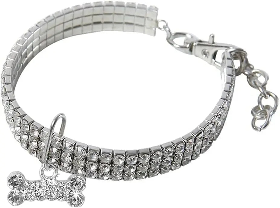 Bling Rhinestones Pet Collar, Adjustable Crystal Diamond Bone Pendant Wedding Collar Cat Dog Small Pet Elastic Necklace Jewelry