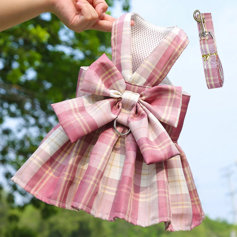 Puppy Dog Adjustable Harness Pet Plaid Skirt Cat Dog Vest Type Traction Clothes Small Dog Party Birthday Wedding Bowknot Dress