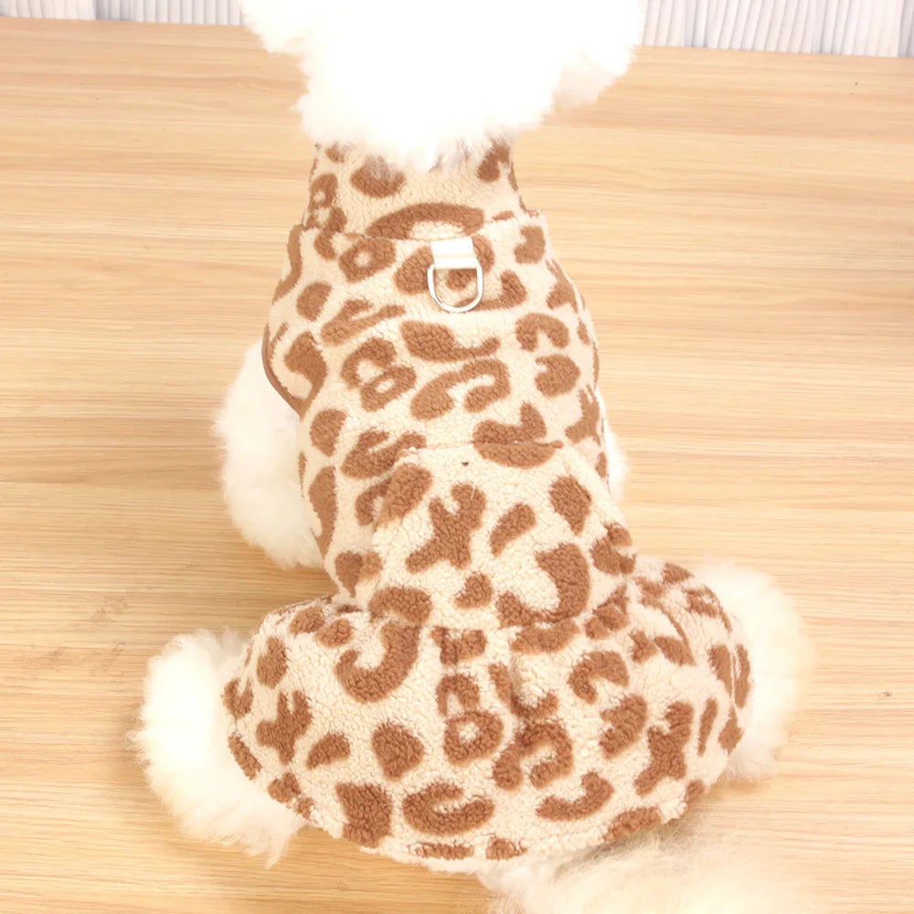 Leopard Dog Sweater Dress Fleece Puppy Dresses for Small Dogs Girl Cat Skirt Apparel Winter Warm Dog Clothes