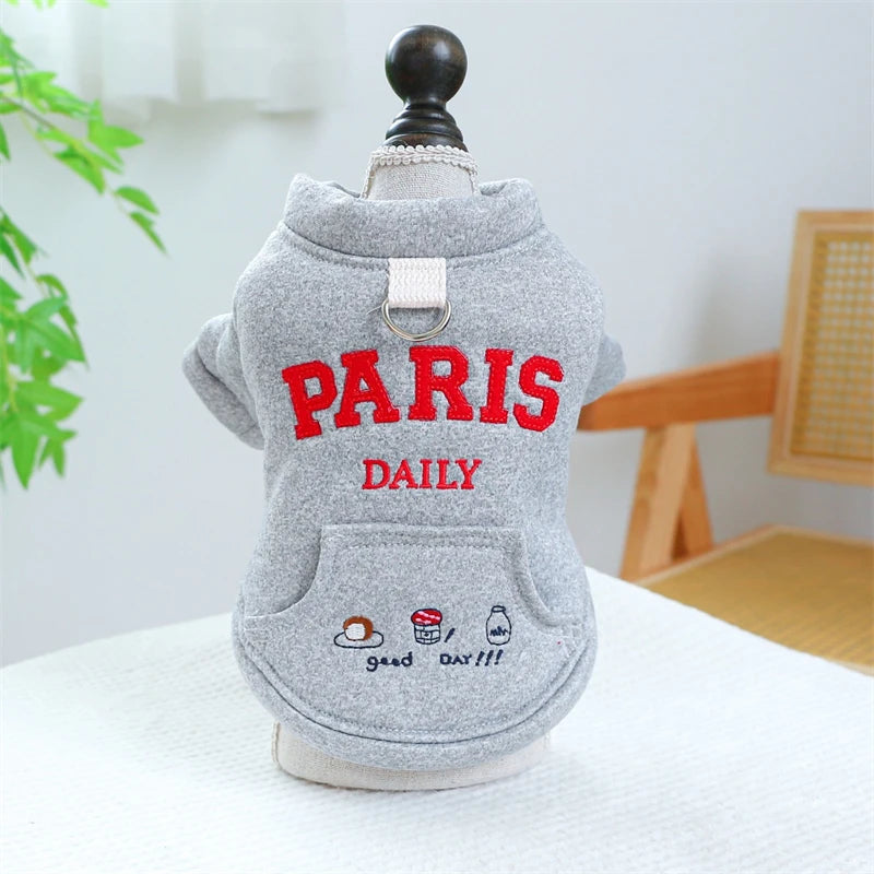 Embroidery Paris Pet Cat Sweatshirt for French Bulldog Warm Fleece Small Medium Dog Clothing New Year Winter Red Puppy Overalls