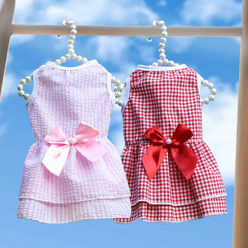 Bow Tie Decorate Dog Fancy Dress Stripes and Lattice Pink Pet Skirt Sleeveless Girl Wedding Party Pet Skirt Clothing for Cats