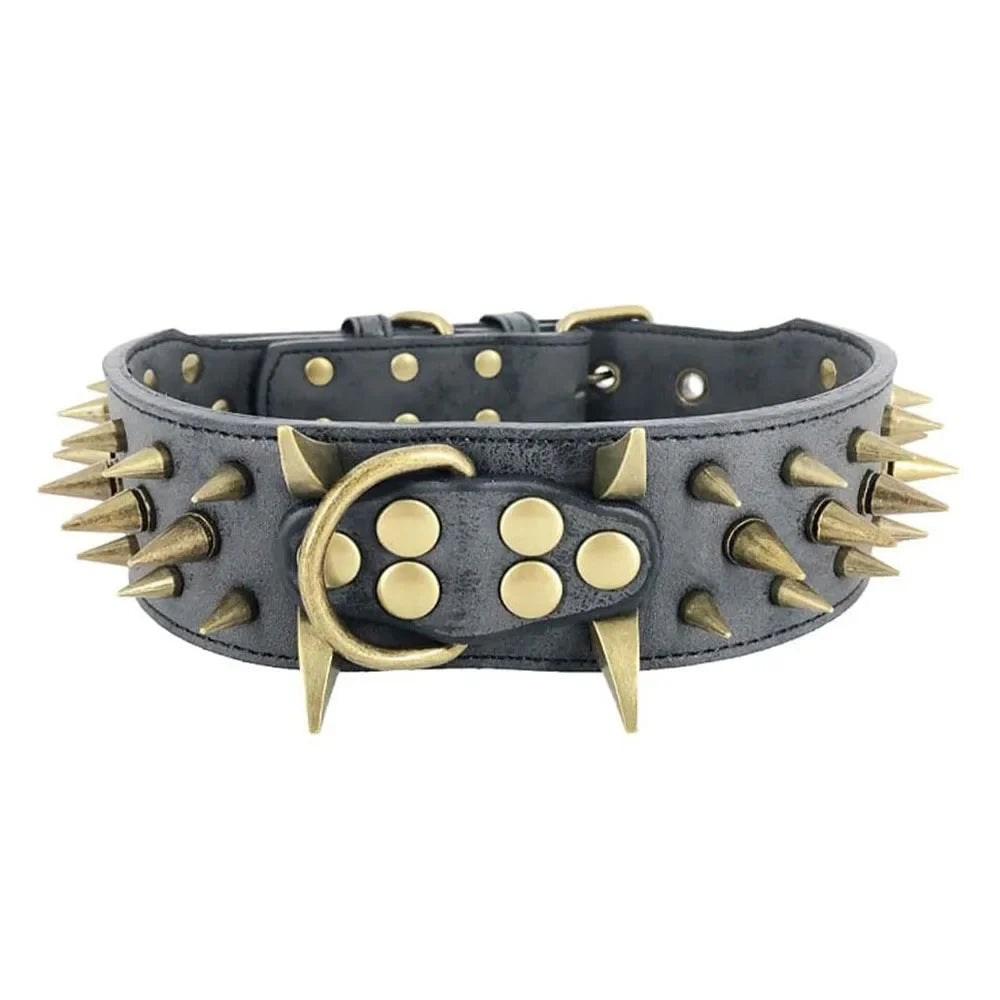 Spike Dog Collar with Big Sharp Spikes for Large Dogs Adjustable PU Leather Spiked Collar Luxury 2 Inch Wide Studded Dog Collars