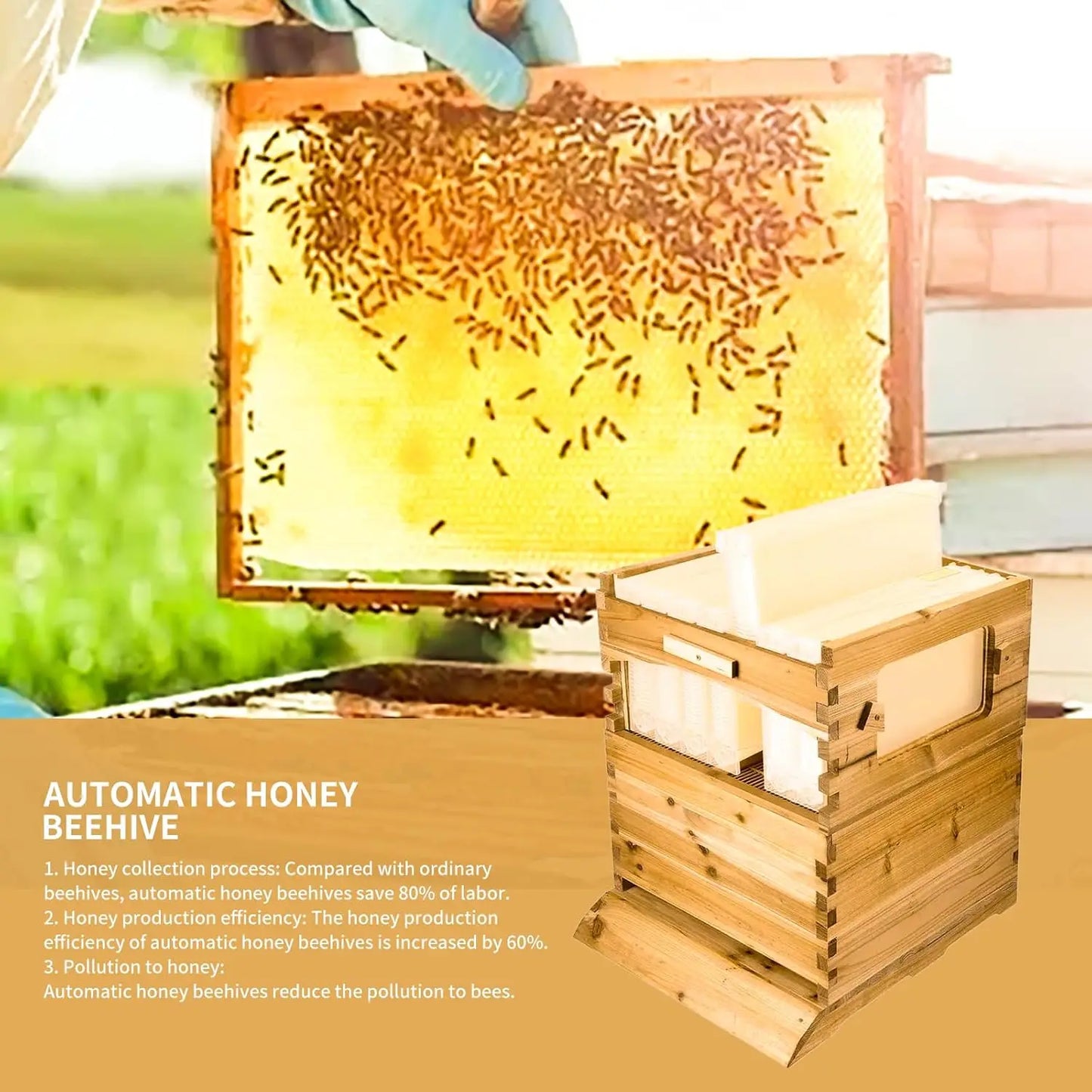 Beehive Automatic Obtain Honey Bee hive 7pcs Auto Super Frames Food-Grade Suitable Beekeeper Starter(Unassembled)
