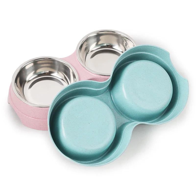 Pet Stainless Steel Bowls Double Puppy Dog Food and Water Bowls Set Cat Bowls Pet Feeder Dishes Dual Bowls for Small Dogs Cats