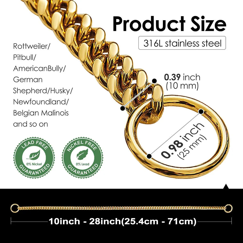 Stainless Steel Gold Dog Chain Collar 10MM Wide Metal Cuban Links For Small Medium dog Large Dogs Walking Training collar