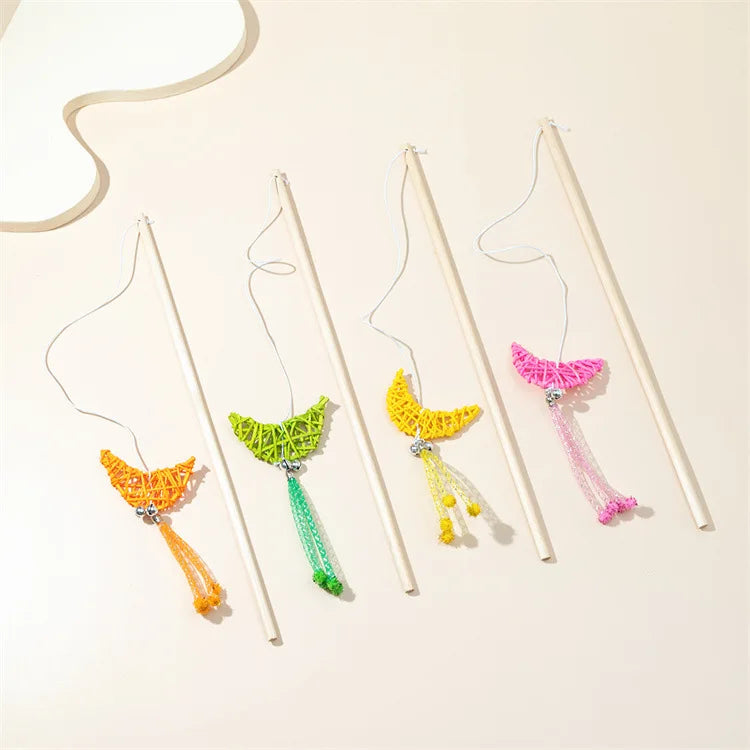Cat Toy Cat Teaser Sticks Wooden Cat Stick Moon Rattan Molar Bite-resistant Cat Stick Cat Toy
