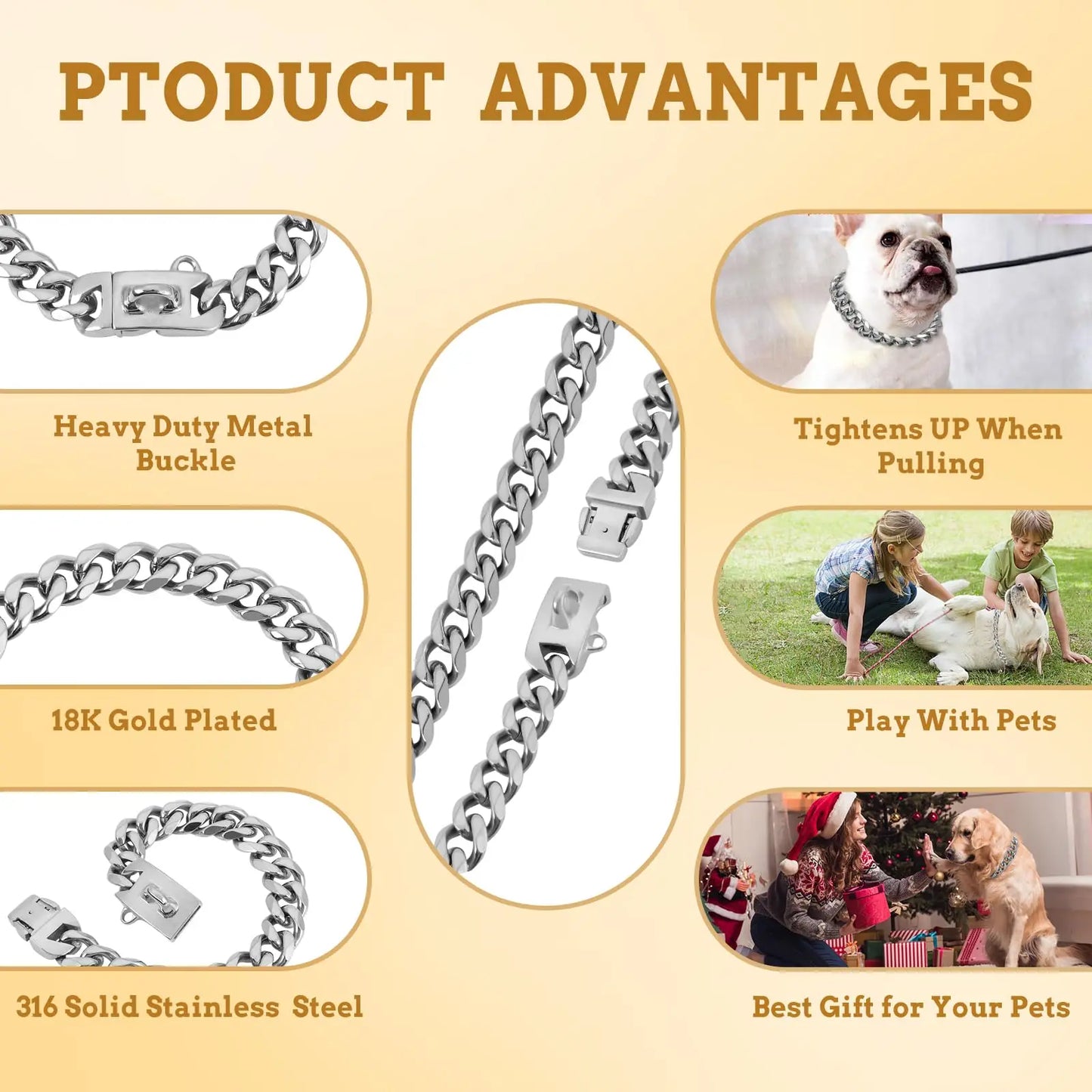 19MM Gold Dog Chain Collar with Solid Buckle Stainless Steel Chew Proof Pet Chains Collars for Large Dog