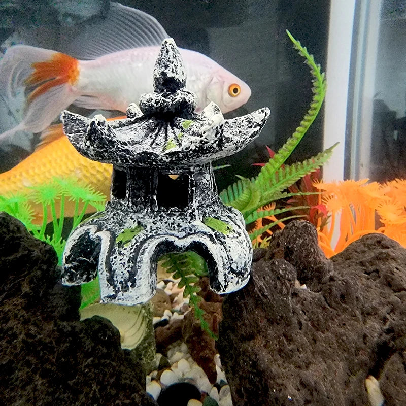 Resin Artificial Fish Tank Ancient Pavilion Decoration Aquarium Rock Cave Building Decoration Aquatic Landscaping Ornament Decor