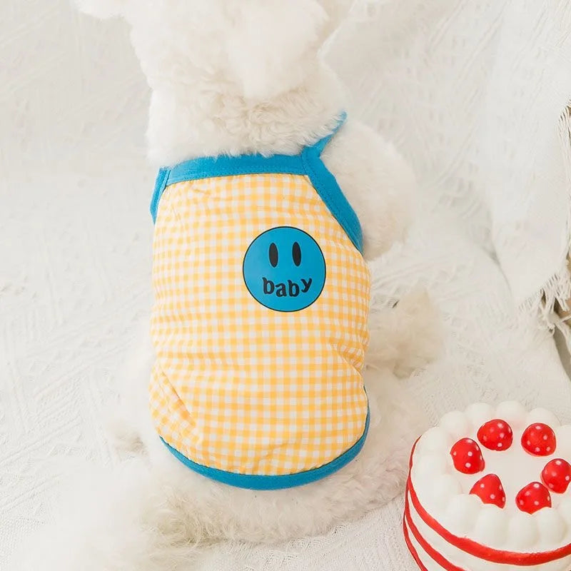 Summer Suspenders Dog Clothes Cute Smile Plaid Dog Vest Pet T-Shirt Chihuahua Pug Bichon 2024 Puppy Apparel Girls Dog Shirt