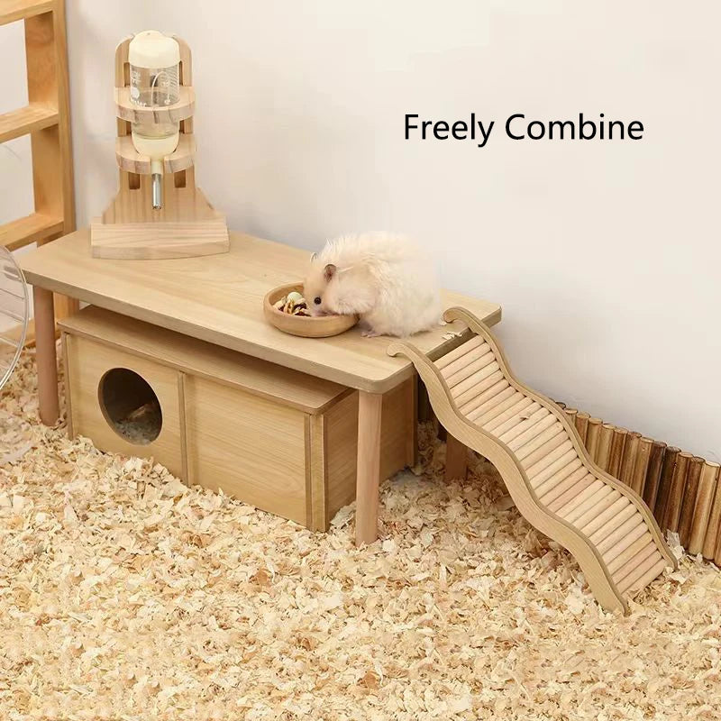 Smooth Hamster Hideaway Wooden Hamster House with Climbing Ladder Small Pet Castle Arch Bridge for Dwarf Mice Gerbils Small Pets