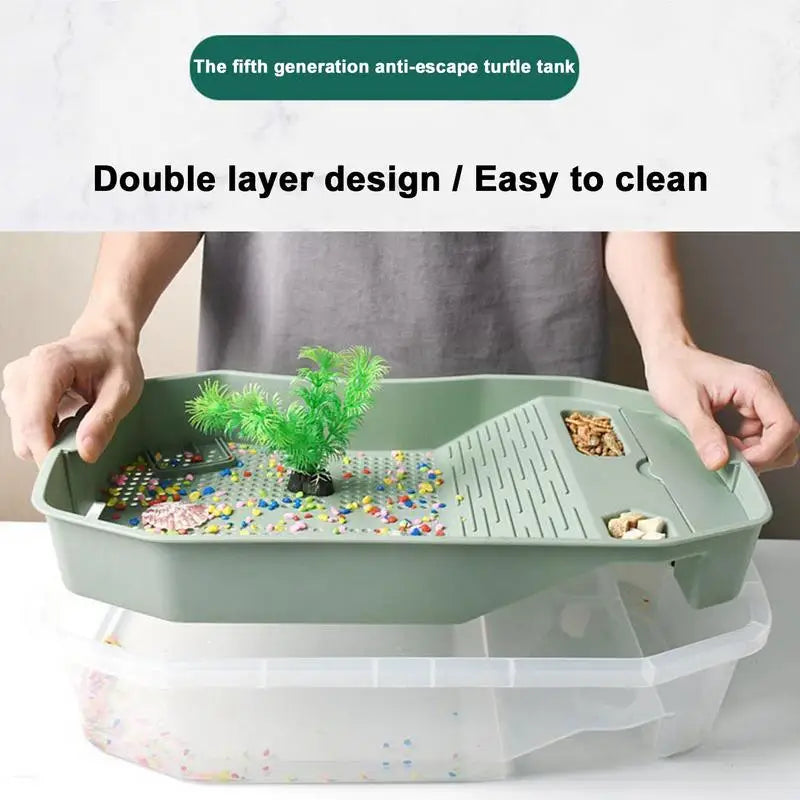 Turtle Tank Aquarium Baby Turtle Habitat With Lid Pet Turtle Habitat Detachable Double Layers Turtle Tank Anti-Slip Tortoise