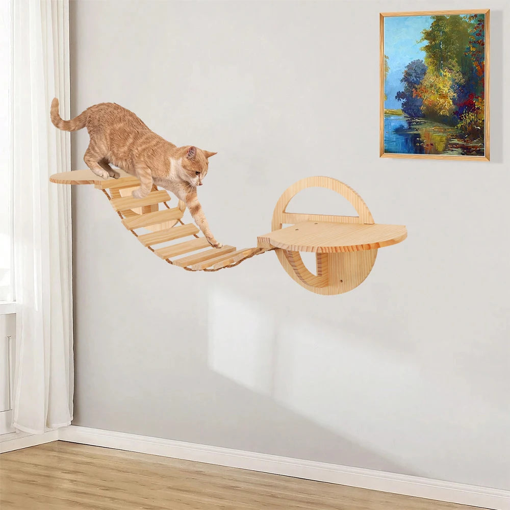 Cat Bridge Cat Tree Climbing Shelves Wooden Furniture Rope Net Design Suitable for Kitten to Play and Exercise Climbing Wall