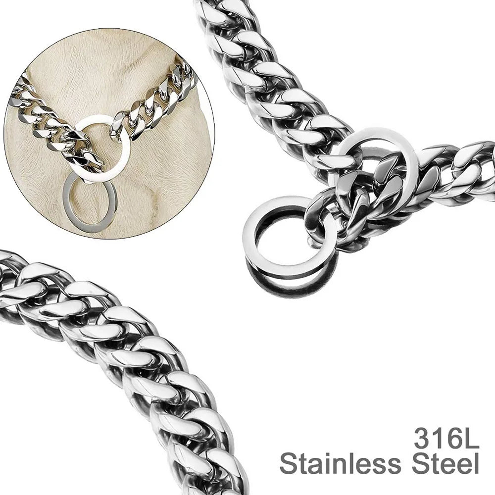 Dog Chain Collar Silvery Golden 15MM Width Cuban Link Chain for Dogs Strong Smooth Stainless Steel Metal Pet Training Slip Chain