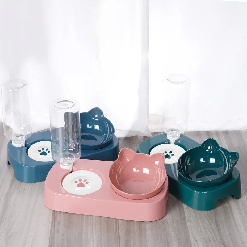 Pet Cat Bowl Automatic Feeder Water Dispenser Dog Cat Food Bowl with Drinking Raised Stand Double Dish Bowls for Cats Dogs Pet
