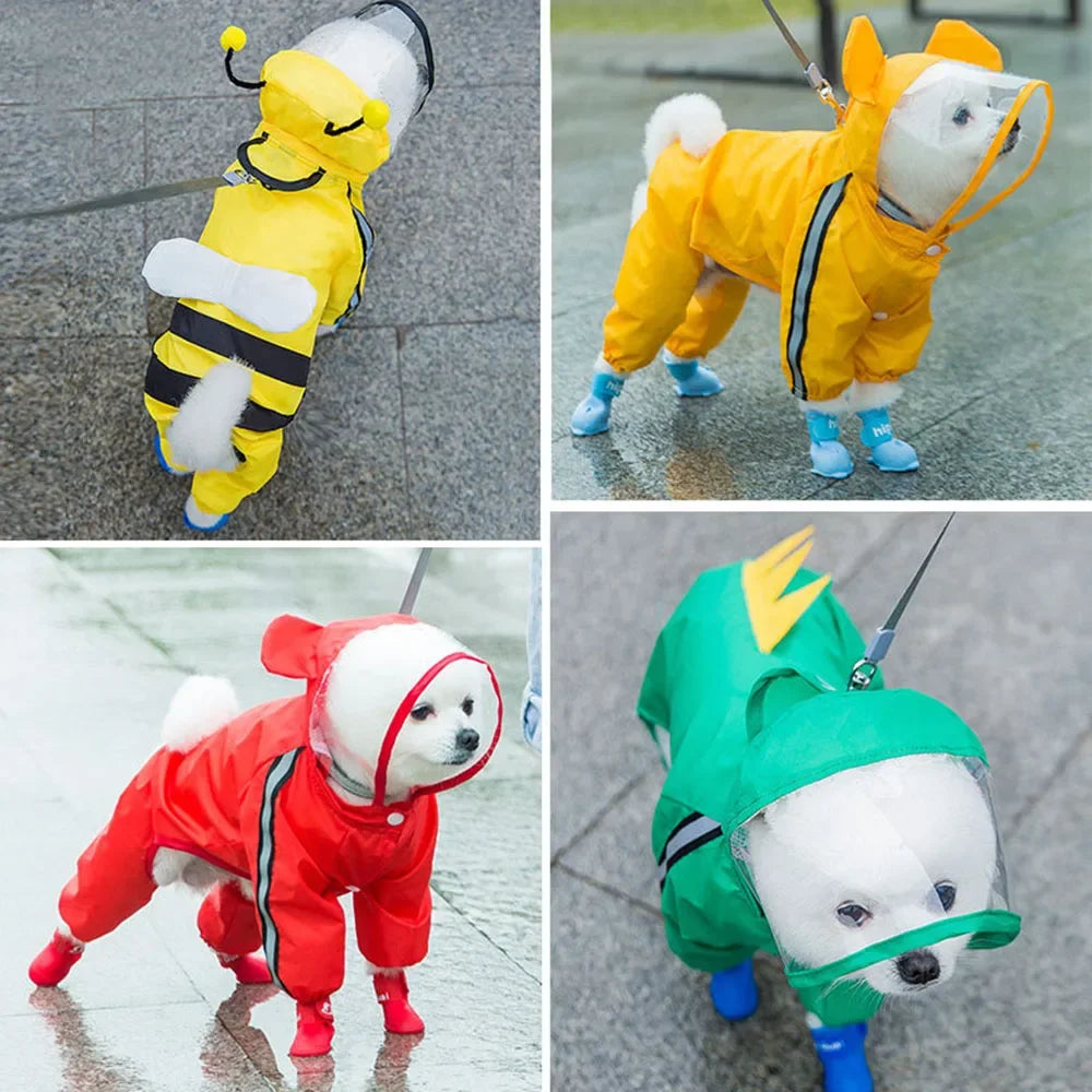 Small Dog All-Body Waterproof Raincoat Funny Animal Shaped Pet Puppy Raincoat Dog Rain Coat Hooded Clothing Outdoor Reflective