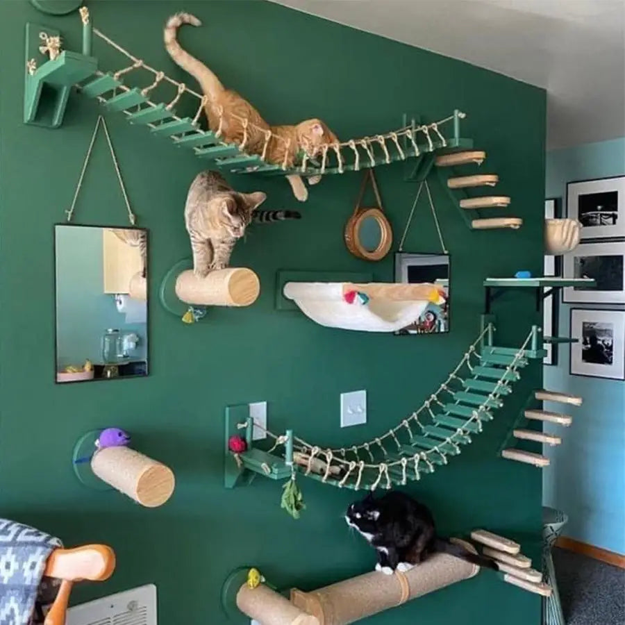 Cat Wall Furniture Wooden and Sisal Climbing Shelves Stairway and Ladder Cat Bridge Scratching Post for Grinding Claws and Rest