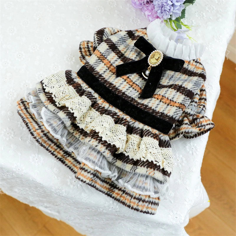 High Collar Small Dog Clothes Plaid Woolen New Year Autumn Winter Brown Overalls for Cats Maillard Fashion Girl Chihuahua Dress