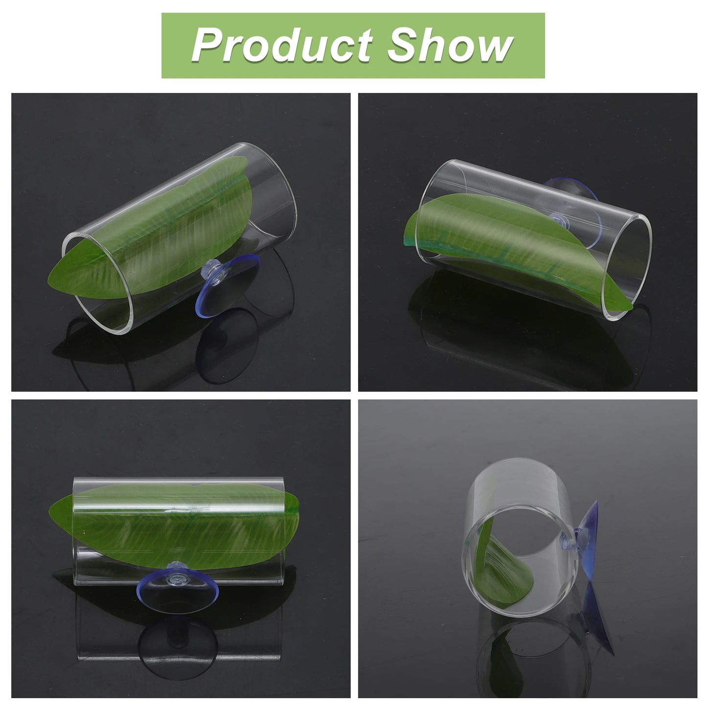 UXCELL Fish Tank Accessories Hollow Acrylic Betta Fish Cave with Betta Leaf Suction Cup Clear 1 Set Reptile Habitat Décor