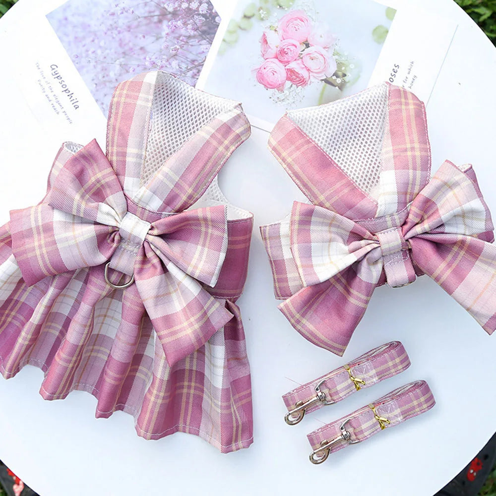 Puppy Dog Adjustable Harness Pet Plaid Skirt Cat Dog Vest Type Traction Clothes Small Dog Party Birthday Wedding Bowknot Dress