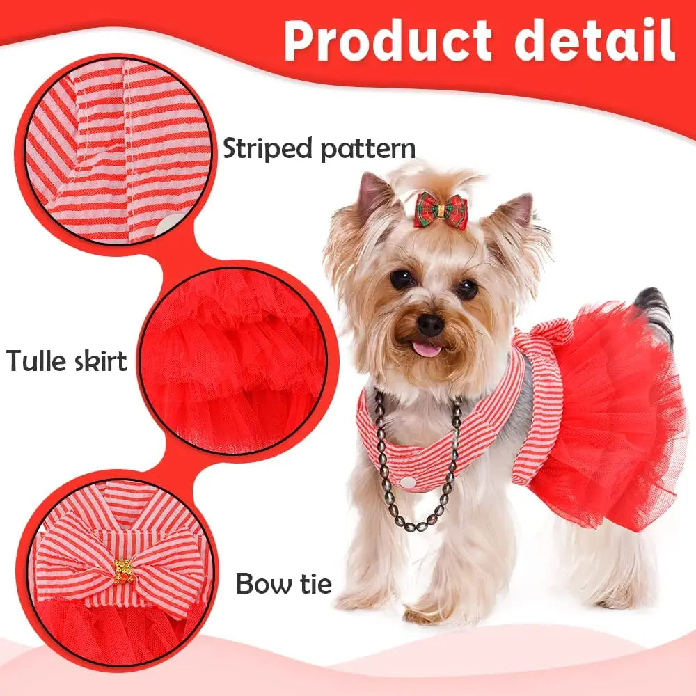 Princess Dog Dress for Small Dogs, Chihuahua Yorkie Layer Stripe Mesh Tutu Skirt Puppy Summer Clothes Pet Bowknot Dresses
