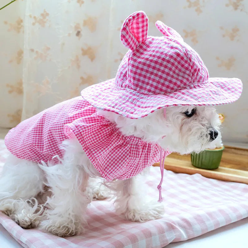 Pastoral Style Plaid Cat Hat Cute Ears Sunshade Cap for Dogs Summer Pet Headwear Unisex Outdoor Hats Chihuahua Dogs Accessories