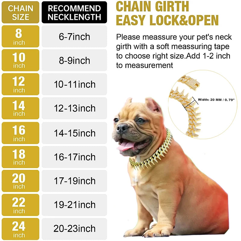 13mm Bling Diamond Chain Dog Cat Collar with Spiked Rivet Design, Luxury Gold Cuban Link Dog Collar for Small Medium Large Dogs