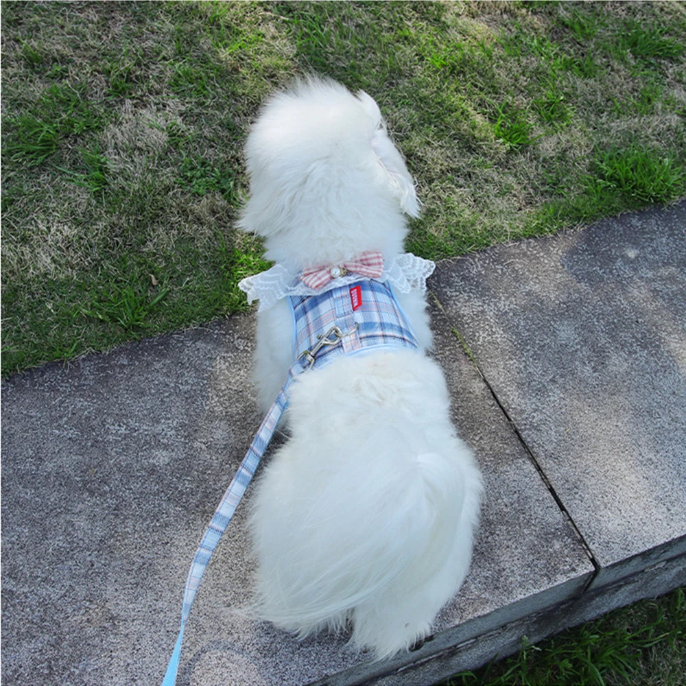 Sweet Plaid Puppy Dog Harness with Bow Walking Pet Harnesses and Leash Set for Small Dogs Schnauzer Poodle mascotas Accessories