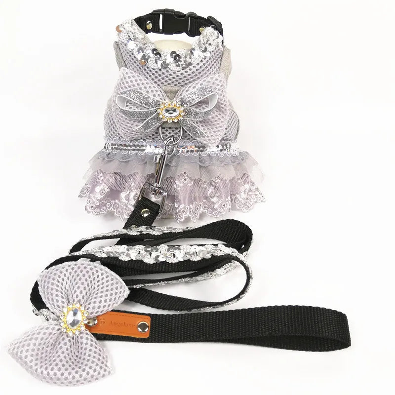 Dog Bow Dress Harness Leash Set for Small Medium Dogs Breathable Mesh Pet Tulle Skirt with Sequins Luxury Design Dog Clothes