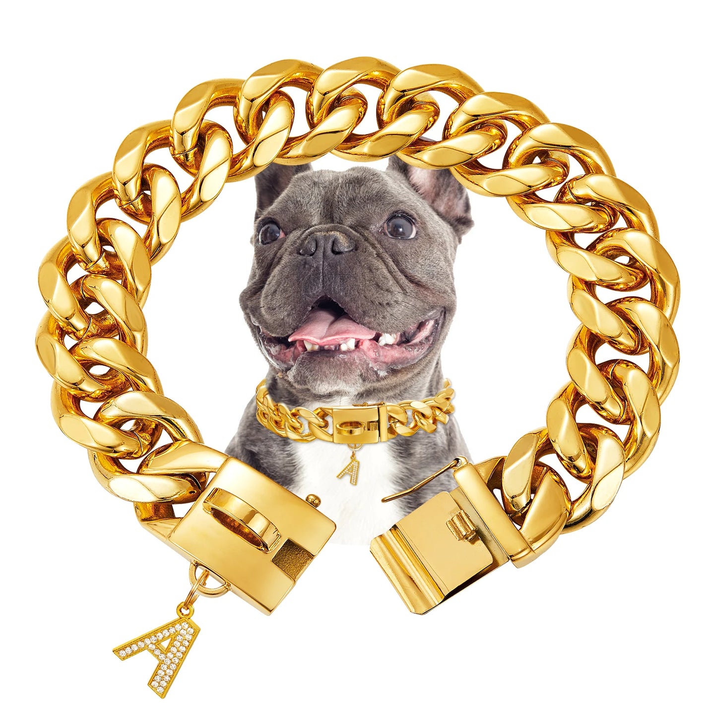 Gold Dog Chain Collar with Pendant A 15/19mm Wide Cuban Link Strong Stainless Steel Chew Proof Collar for Small Medium Large Dog