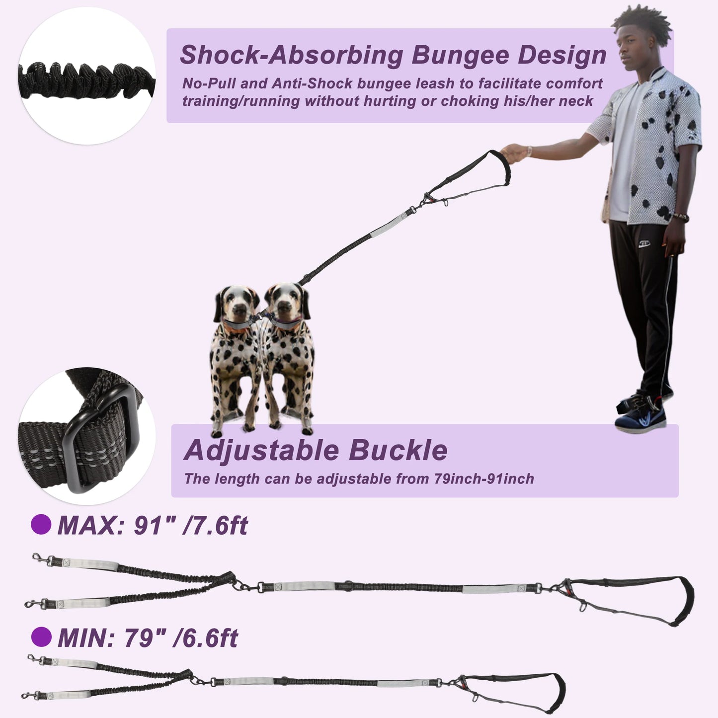 UXCELL Fashion Dog Leash for Two Large Dog Up to 330 Ib 6.6-7.6FT Long Hands Free Waist Leash for Dog Walking Dog Leads