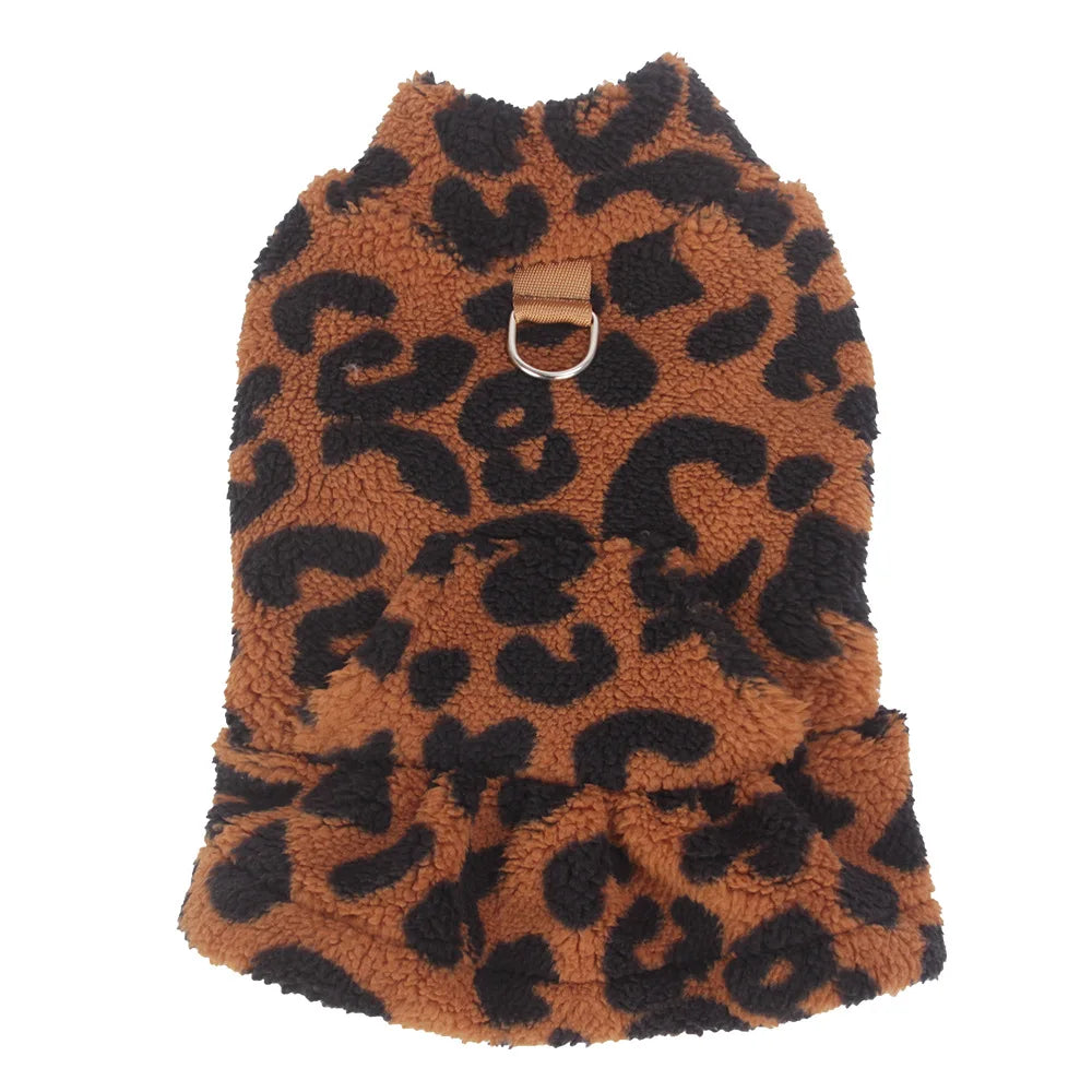 Leopard Dog Sweater Dress Fleece Puppy Dresses for Small Dogs Girl Cat Skirt Apparel Winter Warm Dog Clothes